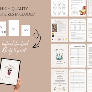 May include: Digital planner with various pages, including a to-do list, budget tracker, and moon water guide. The planner is available in US Letter, A4, and A5 sizes. The text on the tablet reads "This Planner Belongs To".