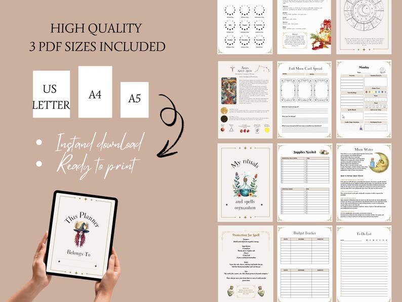 May include: Digital planner with various pages, including a to-do list, budget tracker, and moon water guide. The planner is available in US Letter, A4, and A5 sizes. The text on the tablet reads "This Planner Belongs To".