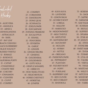 May include: A list of 100 herbs, with their corresponding numbers, listed in alphabetical order. The list is printed on a light brown background.