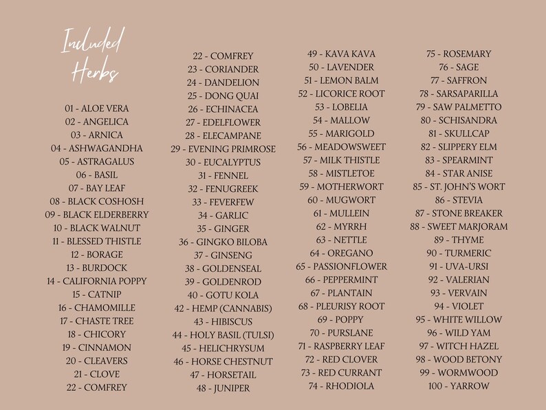May include: A list of 100 herbs, with their corresponding numbers, listed in alphabetical order. The list is printed on a light brown background.