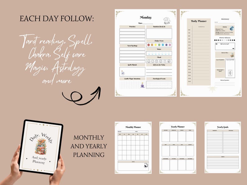 May include: A digital planner with daily, weekly, monthly, and yearly planning pages. The planner includes sections for tarot readings, spells, chakra, self-care, magic, and astrology. The image also shows the text "Each day follow" and "Monthly and yearly planning".