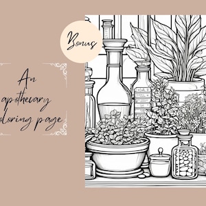 May include: A black and white line drawing of an apothecary with various bottles, jars, and plants. The image includes text that says "An apothecary coloring page".