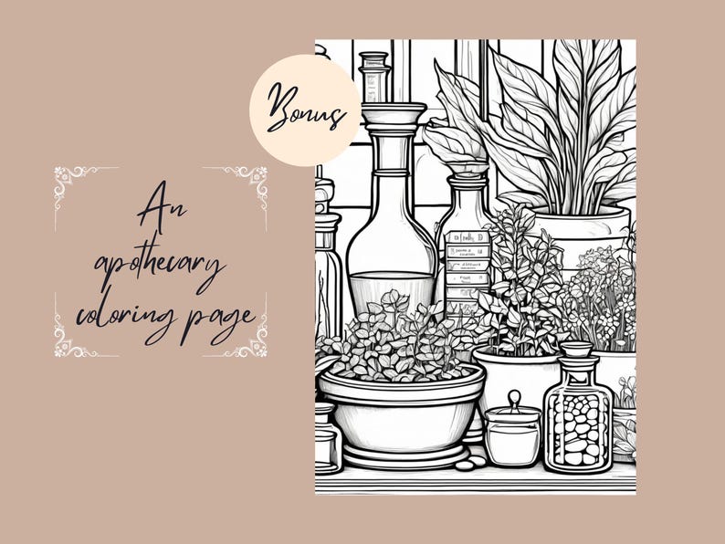 May include: A black and white line drawing of an apothecary with various bottles, jars, and plants. The image includes text that says "An apothecary coloring page".