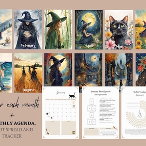 May include: A collection of watercolor illustrations featuring witches, landscapes, and a black cat, with the months of the year labeled. Includes a calendar, tarot spread, and habit tracker. Text reads: "1 cover each month + MONTHLY AGENDA, TAROT SPREAD AND TRACKER."