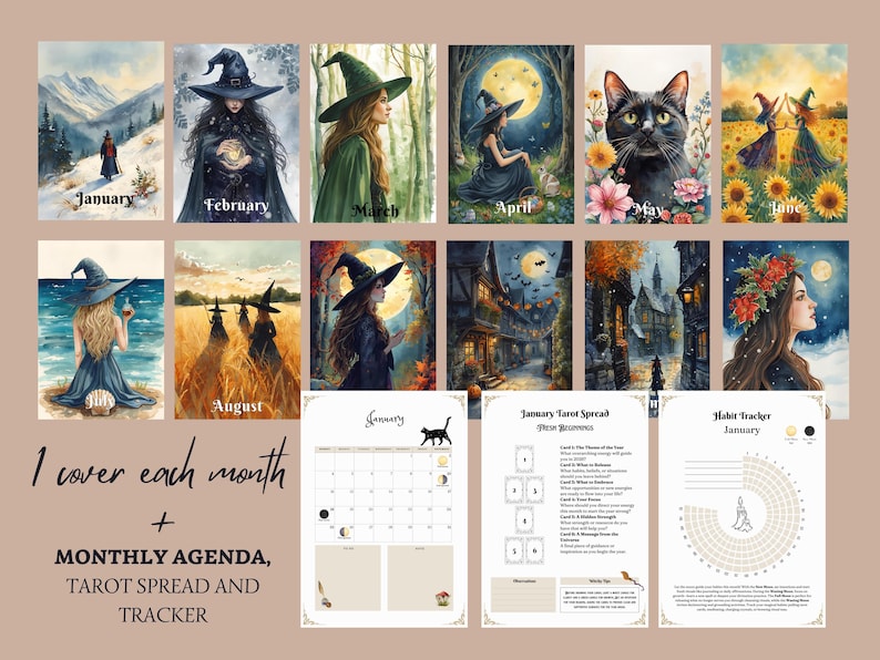 May include: A collection of watercolor illustrations featuring witches, landscapes, and a black cat, with the months of the year labeled. Includes a calendar, tarot spread, and habit tracker. Text reads: "1 cover each month + MONTHLY AGENDA, TAROT SPREAD AND TRACKER."