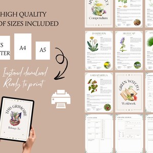 May include: A digital printable guide for herbalism, featuring a green witch's workbook, a compendium of herbs, and a grimoire. The guide includes illustrations of herbs, such as dandelion, skullcap, and saw palmetto. The text on the cover of the grimoire reads "This Grimoire Belongs To".