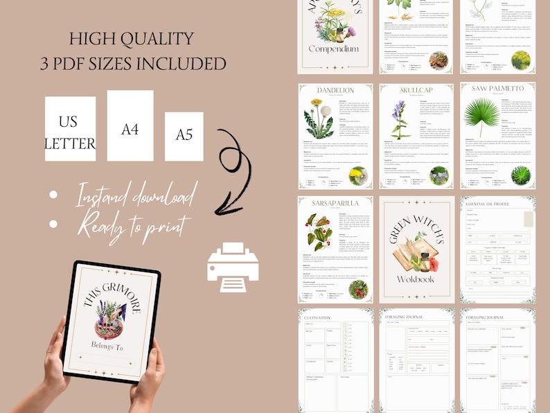 May include: A digital printable guide for herbalism, featuring a green witch's workbook, a compendium of herbs, and a grimoire. The guide includes illustrations of herbs, such as dandelion, skullcap, and saw palmetto. The text on the cover of the grimoire reads "This Grimoire Belongs To".