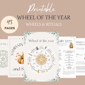 May include: Printable Wheel of the Year guide with 45 pages. The guide includes a wheel with the eight sabbats, a wheel with the zodiac signs, and a spell for abundance and protection. The guide is decorated with watercolor illustrations of pumpkins, leaves, and flowers.