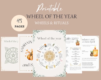 May include: Printable Wheel of the Year guide with 45 pages. The guide includes a wheel with the eight sabbats, a wheel with the zodiac signs, and a spell for abundance and protection. The guide is decorated with watercolour illustrations of pumpkins, leaves, and flowers.