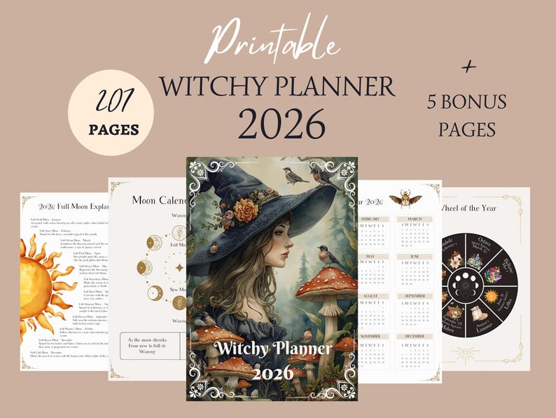 May include: Printable Witchy Planner 2026 with 207 pages and 5 bonus pages. The cover features a watercolor illustration of a woman in a witch hat, mushrooms, and birds. Additional pages include a moon calendar and a wheel of the year.