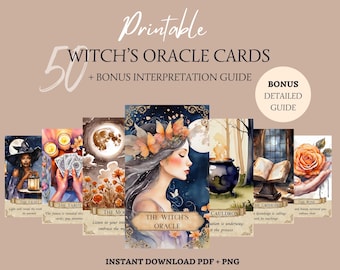 Digital utskrivbar häxorakelkortlek med orakelguide • Wicca spådomskortset med affirmation • Förtrollad tarotkortset med häxorakel