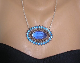 UPCYCLED ART DECO Jewelry, Open Backed Czech Filigree Pendant, Cobalt Blue Filigree Pendant, Repurposed Vintage Jewellery