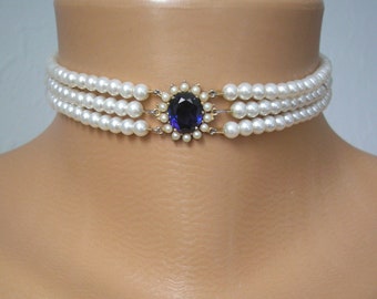 LOTUS Pearl Choker, Refurbished, Vintage Pearl Choker, Lotus Royale Pearl Choker, Sapphire Bridal Choker, Pearl Necklace, Bridal Choker