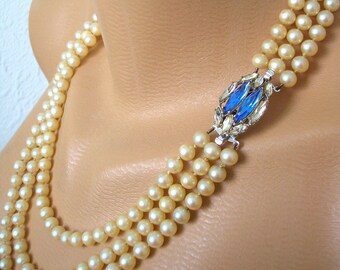 3 Strand Pearl Necklace With Sapphire Rhinestone Clasp, Pearls With Side Clasp, Vintage Cream Pearls, 1950s Pearls, 1950s Costume Jewelry