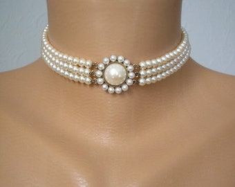 LOTUS Pearl Choker In Original Box, 3 Strand Ivory Pearl Choker, Vintage Ivory Pearls, Bridal Pearls, Vintage Wedding Jewelry