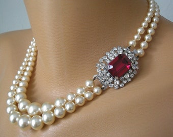 Vintage 2 Strand Pearl Necklace with Ruby Rhinestone Clasp, Pearls With Side Clasp, Graduated Faux Pearls, Cream Pearl Collar, 1950s Pearls