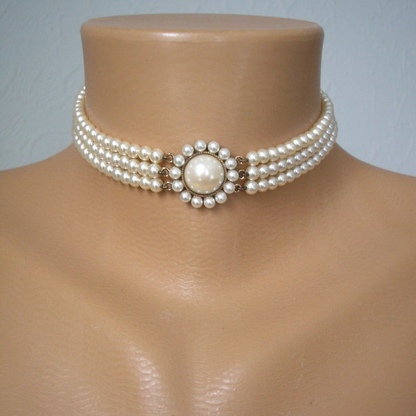 LOTUS Pearl Choker In Original Box, 3 Strand Ivory Pearl Choker, Vintage Ivory Pearls, Bridal Pearls, Vintage Wedding Jewelry