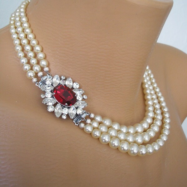 Ruby And Pearl Necklace, POMPADOUR Pearls, Vintage Pearl Necklace, Pearls With Side Clasp, Indian Bridal Choker, Choice Of Colours