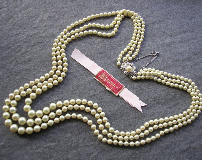 MAJORICA 3 Strand Pearl Necklace With Box, Triple Strand Pearls, Hand