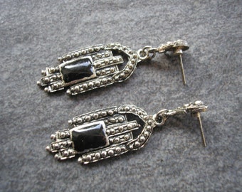 Silver And Black Enamel Earrings, Earrings For Pierced Ears, Black And Silver Post Earrings, Vintage 1970s Earrings, 1970s Jewellery, Ethnic