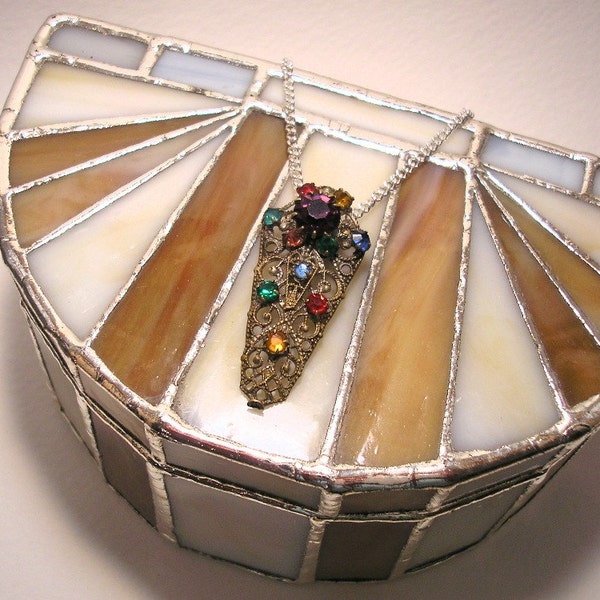 Art Deco Pendant Necklace, Czechoslovakian Dress Clip, Gablonz Filigree Pendant, Repurposed Jewelry, Rainbow Gifts, Rainbow Jewelry