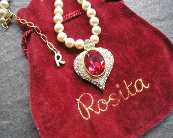 ROSITA Pearl And Ruby Rhinestone Necklace (Signed), Original Velveteen Pouch, Heart Necklace, Single Strand Pearls, Vintage Pearls, Pavé