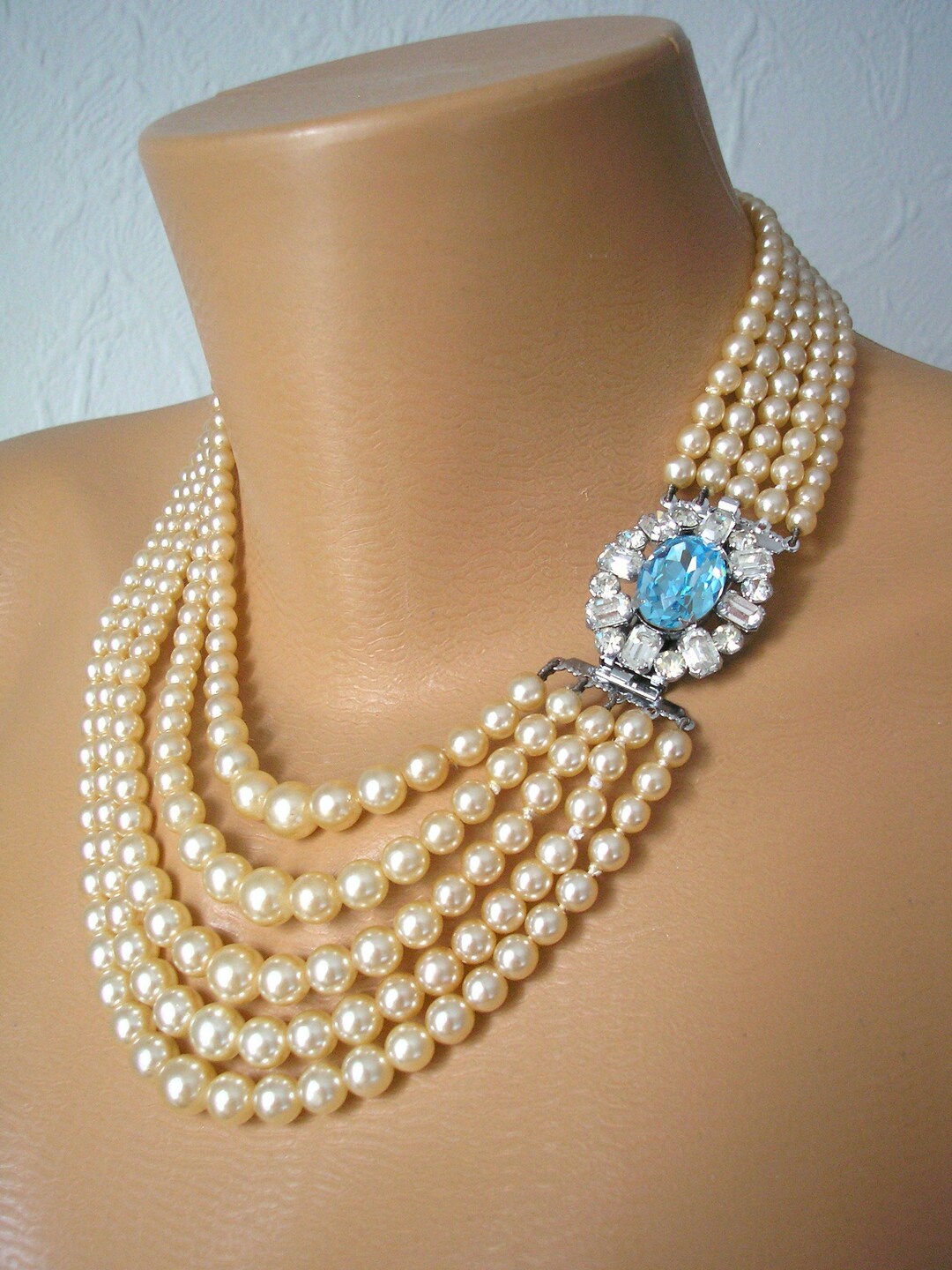Vintage POMPADOUR Pearl Necklace With Aquamarine Rhinestone Etsy UK