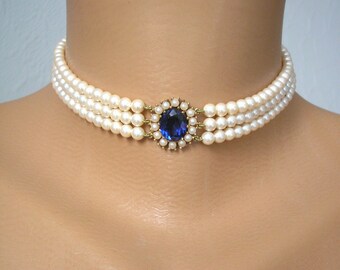 LOTUS Pearl Choker With Sapphire Crystal Pendant, Lotus Royale Pearls, Vintage Pearl Choker, Sapphire Bridal Choker,  Luxe Jewelry