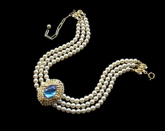Vintage Pearl Choker Necklace By SPHINX, 3 Strand Pearl Choker, Cream Pearls With Blue Stone, Indian Bridal Choker, Vintage Bridal Jewelry