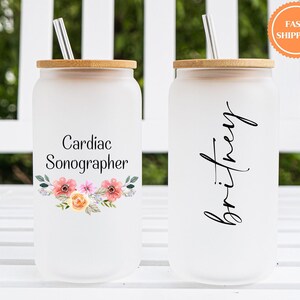 Gift for Cardiac Sonographer, 16oz Frosted Glass Cup with Bamboo Lid and Straw, Custom Name, Floral Design, Iced Coffee Cup