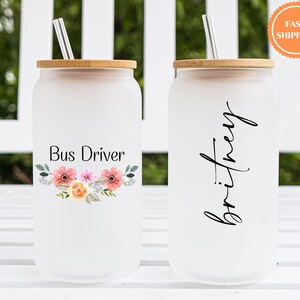 Gift for Bus Driver, 16oz Frosted Glass Cup with Bamboo Lid and Straw, Custom Name, Floral Design, Iced Coffee Cup