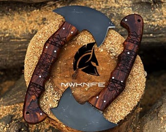 Hand Forged Tactical Tomahawk Axe Set, Engraved Wood Handle, Leather Sheath