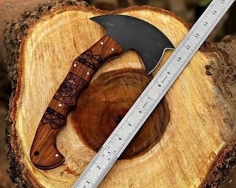 Hand Forged Tactical Tomahawk Axe , Engraved Wood Handle, Leather Sheath