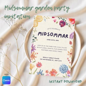Midsommar Gartenparty Einladungsvorlage - Bearbeitbare Canva Floral Invite - Sommersonnenwende Feier - Boho Gartenparty Printable