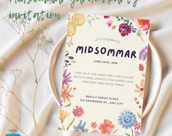 Plantilla de invitación para fiesta en el jardín de Midsommar - Invitación floral editable de Canva - Celebración del solsticio de verano - Imprimible para fiesta en el jardín estilo bohemio