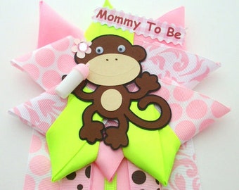 Monkey Girl Baby Shower Corsage - Pink and Lime Green - Ready To Ship - Sale Item