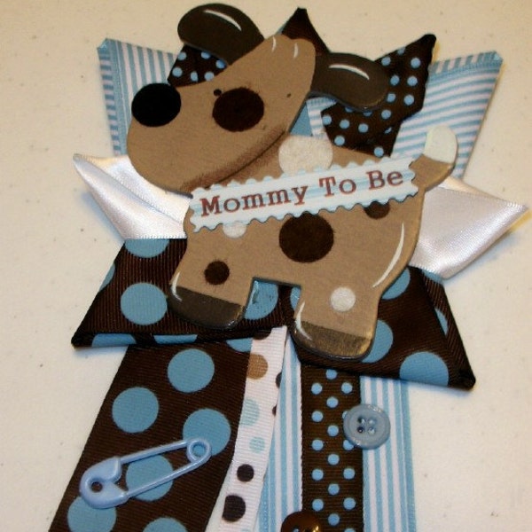 Puppy Dog Baby Shower Corsage - Baby Boy - Puppy Dog Theme - Baby Blue and Chocolate Brown