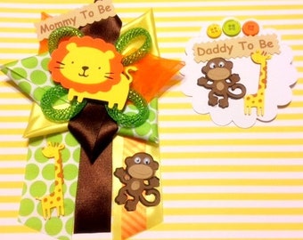 Safari Baby Shower Corsage Set for Mom and Dad - Jungle Animals