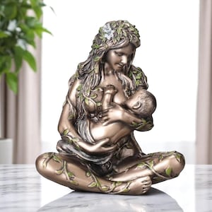 Mother Earth Gaia Statue | Nurturing Goddess Holding Baby | Cold Cast Bronze Figurine | Earth Mother Decor | Pagan Altar Statue | Wiccan