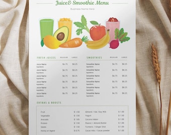 A4 Printable Juice Bar Menu Template: Hand-Drawn Fruits Illustrations (Digital Download)