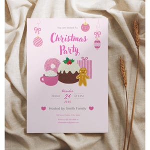 May include: A light pink Christmas party invitation card featuring hanging ornaments, a donut, a frosted cake, a gift box, and a gingerbread man. The text reads: You Are Invited To Christmas Party, December Friday 24 AT 6 PM 2035, Hosted by Smith Family.