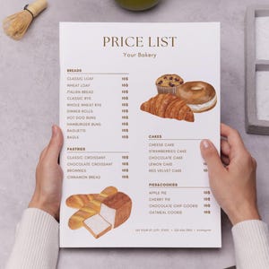 Bäckerei Preisliste Menüvorlagen, druckbare Gebäckkarte, digitale Dessertliste, bearbeitbares Café-Menü, Kuchen-Business-Menü