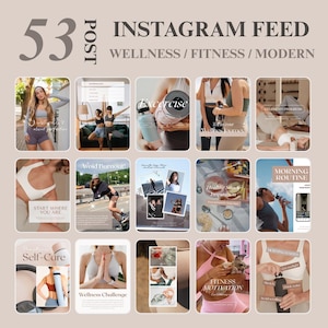 May include: A digital collection of 53 Instagram post templates featuring wellness, fitness, and modern themes. The grid displays various lifestyle images including yoga mats, water bottles, workout attire, and healthy snacks with text overlays.