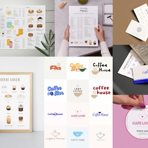 Modelos de kit de marca de café editáveis - Logotipo de café faça você mesmo, menu para impressão, adesivo de rótulo de café, cartão de visita de fidelidade de café, pôster de café