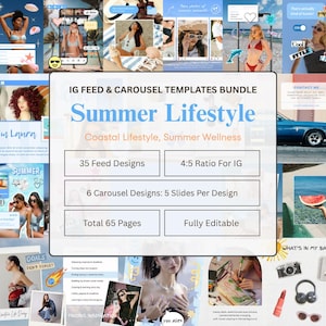 Op de afbeelding: Een digitaal pakket met Instagram feed- en carrousel-sjablonen genaamd IG Feed & Carousel Templates Bundle Summer Lifestyle, met 35 feed-ontwerpen, 6 carrousel-ontwerpen met 5 dia's per stuk, in totaal 65 pagina's, volledig bewerkbaar.