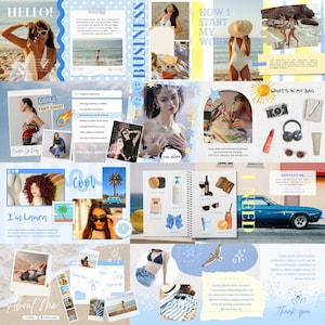 Op de afbeelding: Een digitale collage met lifestyle-fotografie, tekstoverlays en grafische elementen. Het bevat strandscènes, een blauwe auto, product-flatlays en persoonlijke notities met een blauw en geel kleurenpalet, gerangschikt in een rasterindeling.
