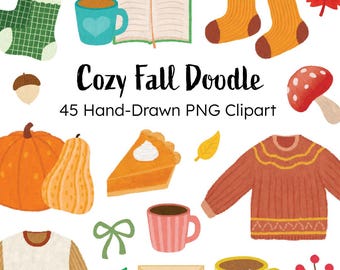 May include: A collection of hand-drawn fall-themed clip art. Includes pumpkins, socks, mugs, a sweater, a slice of pie, and the text "Cozy Fall Doodle". The illustrations are in warm autumn colors.