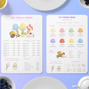 Modèles imprimables de menu de crème glacée, menu de bar à desserts, impression d'illustrations de crème glacée, menu numérique sucré, modèle de fête d'été