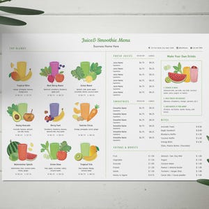 Modelos de cardápio para bares de sucos e vitaminas para impressão, cardápio de frutas e vegetais frescos, impressões de bebidas desenhadas à mão, cardápio de café digital, bar de saladas saudáveis