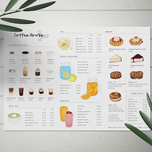 Plantillas de menú de cafetería imprimibles, menú de café minimalista y sencillo, impresiones de bebidas de café dibujadas a mano, cafetería, bar de café, digital